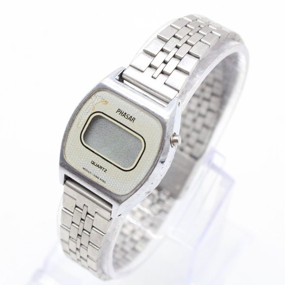 Vintage PHASAR Digital Watch Womens Silver Tone Stainless Steel Quartz 80s - Picture 1 of 8